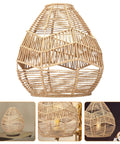 Natural Rattan Woven Pendant Lamp Shade With Hemp Rope Cover, Round Wicker Hanging Light in rustic boho design, easy install