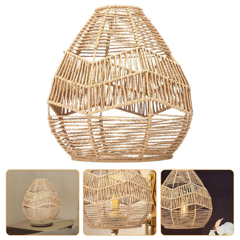 Natural Rattan Woven Pendant Lamp Shade With Hemp Rope Cover, Round Wicker Hanging Light in rustic boho design, easy install