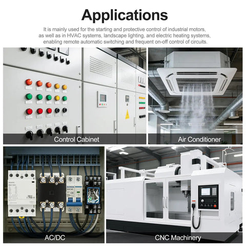 Applications of a 3 Pole 24V AC 40A Heavy Duty HVAC Contactor in control cabinets, CNC machinery, air conditioners, and AC/DC systems.