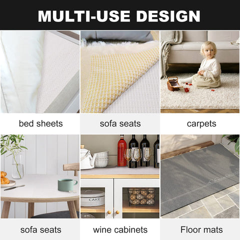 Multi-use Heavy Duty Queen Mattress Gripper Pad With Dual Sided Nonslip Rubber Base on bed sheets and floor mats.