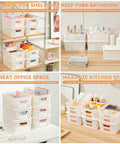 Ten Pack Small Plastic Storage Bins With Lids Stackable Baskets With Handles For Easy Carry Awesome For Pantry Craft Room Office Or Garage Organization Includes Label Cards For Quick Sorting And Clear View used in various settings like bathroom and kitchen organization.