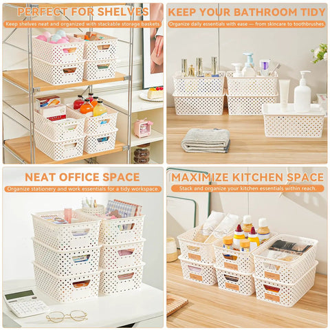 Ten Pack Small Plastic Storage Bins With Lids Stackable Baskets With Handles For Easy Carry Awesome For Pantry Craft Room Office Or Garage Organization Includes Label Cards For Quick Sorting And Clear View used in various settings like bathroom and kitchen organization.