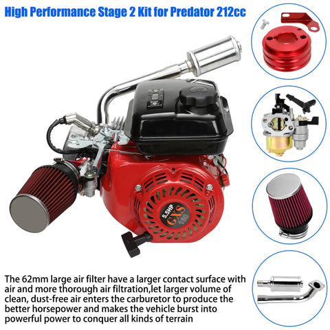 Stage 2 Beefed Up Carburetor Exhaust Muffler Kit for Predator 212cc engine with red air filter and exhaust components.