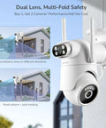 Wireless Dual-Lens 2K Outdoor Security Camera System With 360 Degree PTZ mounted on house exterior wall