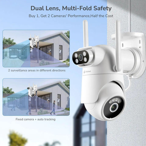 Wireless Dual-Lens 2K Outdoor Security Camera System With 360 Degree PTZ mounted on house exterior wall