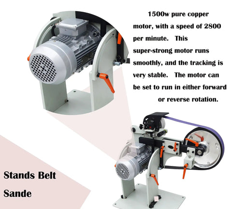 Heavy Duty Variable Speed Belt Sander And Rock Solid Grinder For Fast Knife Sharpening Rust Stripping And Slick Metal Finishing On A Compact Foldable Stand with 1500W copper motor.