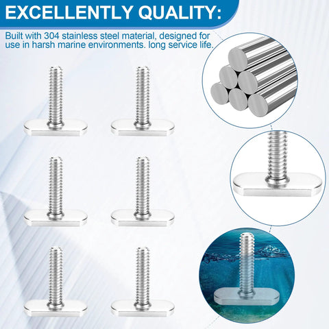 Heavy Duty T Bolts For Kayak Track Rail And T Slot Mount Screw Setup Built Tough, set of 6 stainless steel, 1 inch long fasteners.