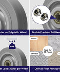 4 Inch Caster Wheel Set For Cart And Furniture, Three Eighths Inch Bore, Nonmarking Thermoplastic Rubber Wheel Tread Bonded To Polyolefin Core, Quiet Indoor Use With Reduced Noise And Vibration, 1200 Lb Capacity Per Set Of 4