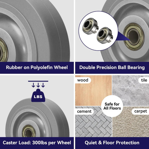 4 Inch Caster Wheel Set For Cart And Furniture, Three Eighths Inch Bore, Nonmarking Thermoplastic Rubber Wheel Tread Bonded To Polyolefin Core, Quiet Indoor Use With Reduced Noise And Vibration, 1200 Lb Capacity Per Set Of 4