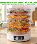 Slick Electric Countertop Food Dehydrator With Five Stackable Trays showcasing 360° airflow and various dried fruits on trays.