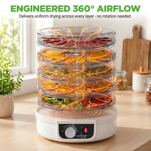 Slick Electric Countertop Food Dehydrator With Five Stackable Trays showcasing 360° airflow and various dried fruits on trays.