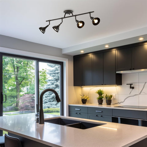 Slick Broadway 30 Inch Modern Industrial 4 Light Fixed Track Lighting Kit With Adjustable Spotlight Heads in kitchen setting