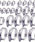 24 Piece Stainless Steel Hose Clamps Kit For Auto And Plumbing, six sizes shown in a row, heavy duty adjustable worm gear clamps.