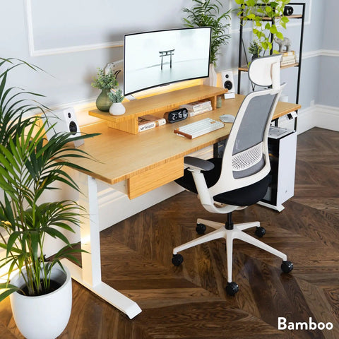 Top Tier Dual Motor Electric Height Adjustable Standing Desk With A Roomy 80 Inch Wide Bamboo Top And Sleek Matte Black Frame, modern office setup.