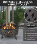 32 Inch Outdoor Wood Fire Pit With Screen, Poker, And Cover For Backyard Hangouts, showing cross weave design and fire inside