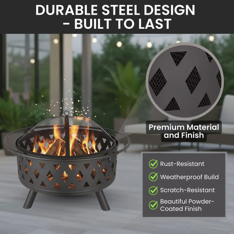 32 Inch Outdoor Wood Fire Pit With Screen, Poker, And Cover For Backyard Hangouts, showing cross weave design and fire inside