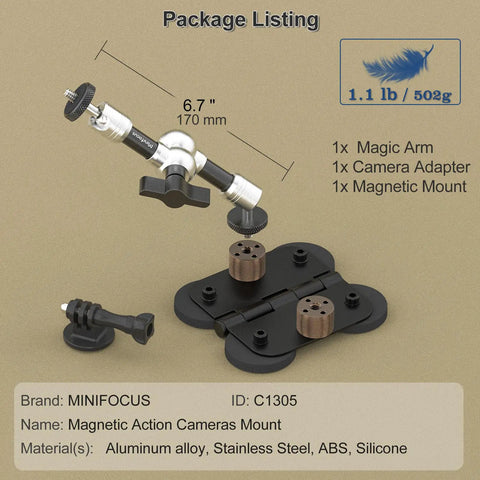 Heavy Duty Magnetic Fence Mount For Action Cameras And Phones With Dual Quarter Inch Mount Points Built For Game Day Recording On Baseball And Tennis Fields Quick Setup For Mevo Start GoPro iPhone And Other Cameras package includes mounts, adapter, and arm
