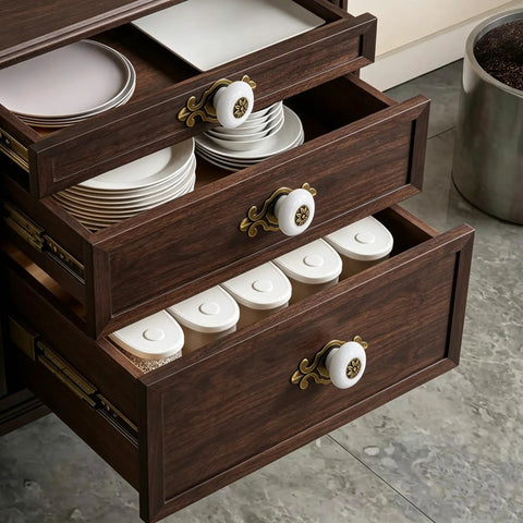 Hella Sturdy Retro Ceramic Cabinet Knobs With Backplate Four Pack Vintage Drawer Pulls Zinc Alloy Kitchen Cupboard Furniture Hardware Quick Swap White Finish For Your Spot on wooden drawers holding plates and containers.