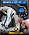 Digital Tire Pressure Gauge With Inflator 3-200 PSI, Heavy Duty Air Chuck in use on car tire, brass materials visible