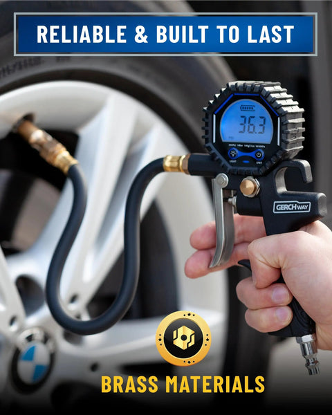 Digital Tire Pressure Gauge With Inflator 3-200 PSI, Heavy Duty Air Chuck in use on car tire, brass materials visible