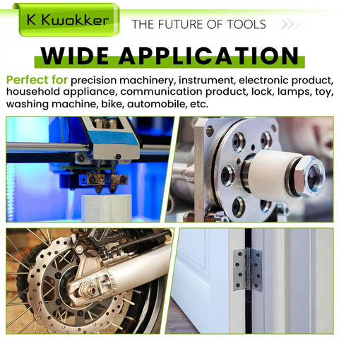 Collage of applications: 3D printer, bearing, bicycle wheel, door hinge showcasing Ridiculously Complete Metric Fastener Kit With 1485 Pieces Of M3 M4 M5 M6 Nuts And Bolts, Flat Head Hex Socket Screws, Washers And Lock Washers, Zinc Plated Durable Hardware Set For DIY Projects Kwokker
