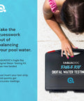 Person holding Aquadoc Eagle Ray Digital Water Testing Kit on poolside with brief text about balancing pool water.