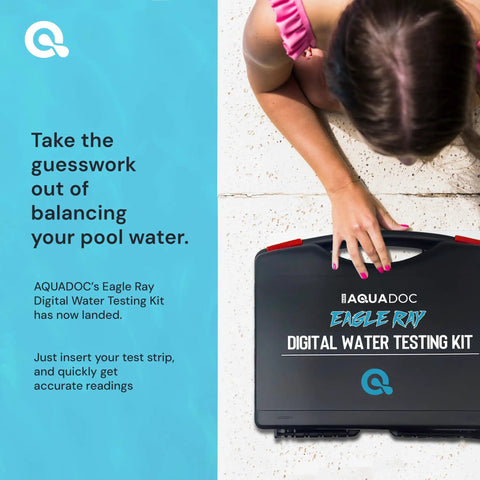 Person holding Aquadoc Eagle Ray Digital Water Testing Kit on poolside with brief text about balancing pool water.