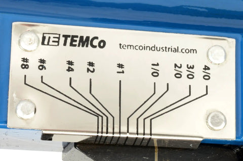 Close-up of Rugged Dieless Lug Crimp Tool size guide on the handle, for 8 AWG to 4/0 cables, blue and black finish.