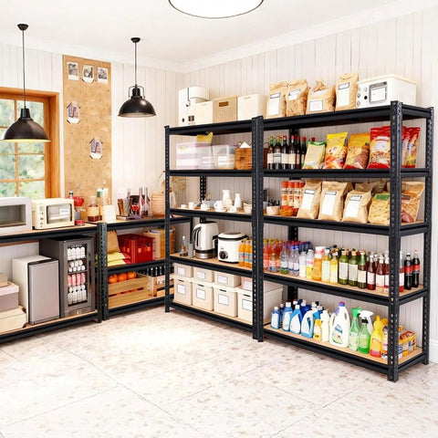 Beefy 5-Tier Heavy Duty Garage Shelving Unit, Adjustable Storage Racks, Supports Up To 2400 Lbs Total, 480 Lbs Per Shelf, Industrial Steel Shelves For Garage, Workshop, And Warehouse, 28 X 12 X 60 Inches, loaded in a kitchen storage room