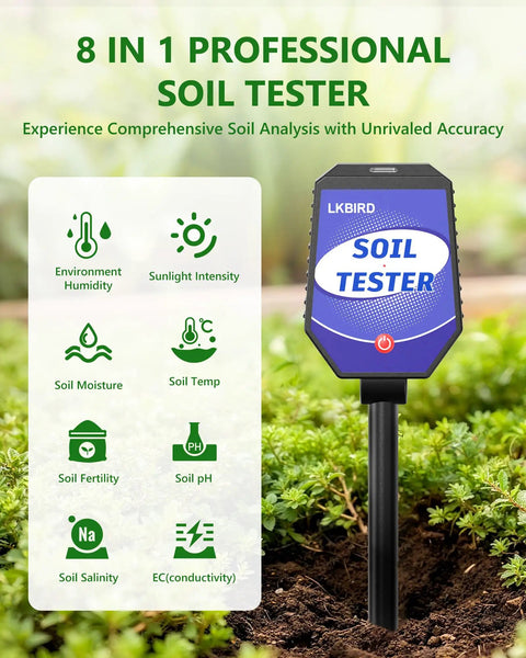 8 In 1 Soil Tester With App Monitoring For Garden Lawn Farm And Indoor Outdoor Plants That Tracks pH Moisture Temperature Light Salinity Fertility EC And Humidity For Next Level Plant Care, handheld probe in soil