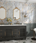 Bathroom wall with Blue Gold Marble Contact Paper 31.5x157 In Peel And Stick Vinyl Wallpaper, vanity with dual sinks and mirrors.