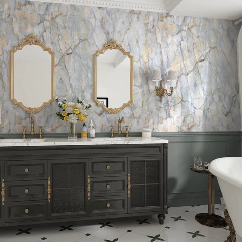 Bathroom wall with Blue Gold Marble Contact Paper 31.5x157 In Peel And Stick Vinyl Wallpaper, vanity with dual sinks and mirrors.