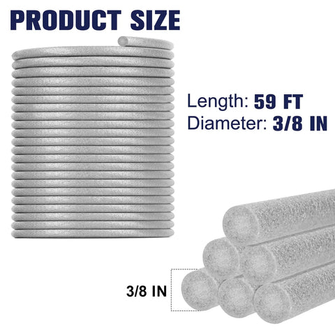 Tough As Nails Polyester Foam Backer Rod, 3/8 Inch By 59 Feet Long, rolls showcasing size and diameter details.