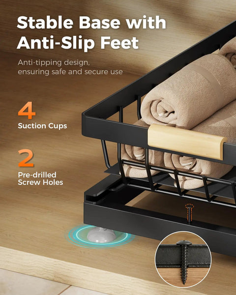 Score Big On Home Organization With This Hella Spacious Three Pack Under Sink Organizer Height Adjustable Storage Rack In Black with anti-slip feet.