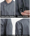 Men Professional Chef Coat Jacket Featuring Lightweight Breathable Fabric With Practical Sleeve Pocket And Sturdy Button Closure close-up of stand collar, buttons, pocket, and fabric details.