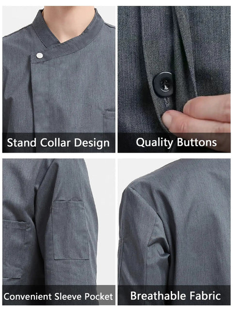 Men Professional Chef Coat Jacket Featuring Lightweight Breathable Fabric With Practical Sleeve Pocket And Sturdy Button Closure close-up of stand collar, buttons, pocket, and fabric details.