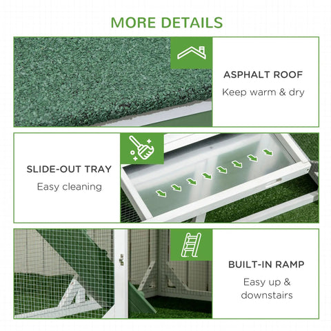 49 Inch Chicken Coop With Garden Space And Outdoor Run Cage featuring asphalt roof, slide-out tray, and built-in ramp details.