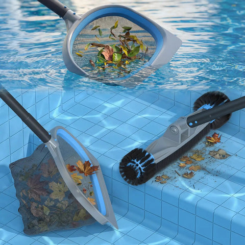 4 in 1 Deluxe Pool Cleaning Kit With Detachable Brush, Heavy Duty Deep Leaf Skimmer Net, Fine Mesh Net, And Extendable Aluminum Pole