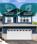 Blue house with Garage Door Window Decals Kit With Strong Magnets, Faux Gloss Black Look, showing weatherproof and washable features.