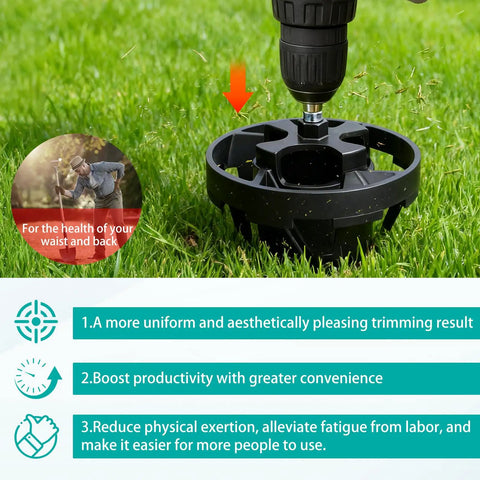 Close-up of 3.5 Inch Sprinkler Head Grass Cutter Trimmer for Lawn Care, attached to drill, trimming grass around sprinkler head.