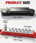 12V 150A Marine Bus Bar Power Block With 1/4 Inch Studs, DC Battery Distribution Block For Car Boat And Solar Wiring, Buckle-Style Cover Keeps Terminals Locked, Beefy Heavy Duty Automotive Busbar In Black And Red. Black and red bus bars with size dimensions shown.