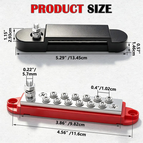 12V 150A Marine Bus Bar Power Block With 1/4 Inch Studs, DC Battery Distribution Block For Car Boat And Solar Wiring, Buckle-Style Cover Keeps Terminals Locked, Beefy Heavy Duty Automotive Busbar In Black And Red. Black and red bus bars with size dimensions shown.