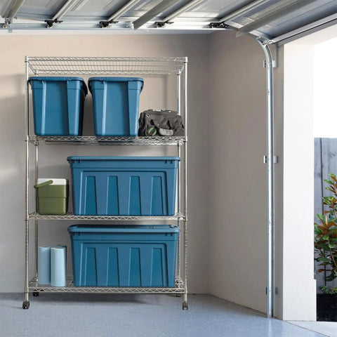 31 Gallon Storage Totes 8 Pack Built Like A Tank Heavy Duty Stackable Bins With Snap On Lids And Easy Grip Handles Eco Friendly Utility Tubs Made In USA in navy on garage shelving.