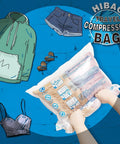 Hands using Travel Compression Bags 12-Piece Set With 6 Medium And 6 Large Space Saver Bags No Vacuum Needed For Cruise Packing.