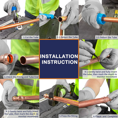 Installation steps using 3/4 Inch Copper Press Fittings Coupling With Stop Zero Lead P To P, 10 Pack for copper tubes.