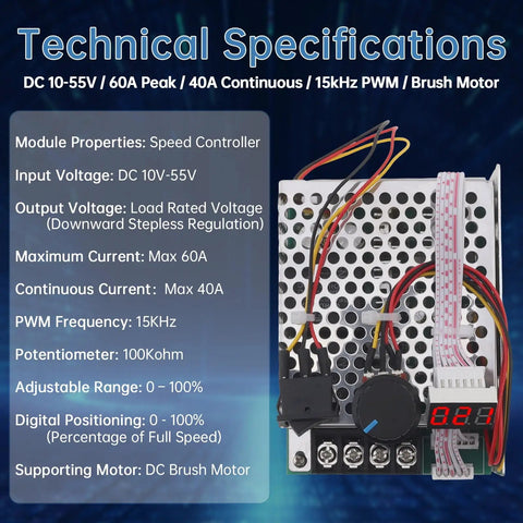 Ultra Tough Pwm Dc Brushed Motor Speed Controller Featuring Bright Tunable Digital Readout showing technical specs and connections