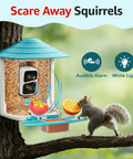 2K HD Bird Feeder Camera With Solar Power And 32GB Card Auto Detect And Notify AI ID 155 Degree Wide View Color Night Vision Wireless Outdoor Backyard Bird Feeder With 2.4G WiFi For Bird Lovers Gift installed on tree, squirrel eating.