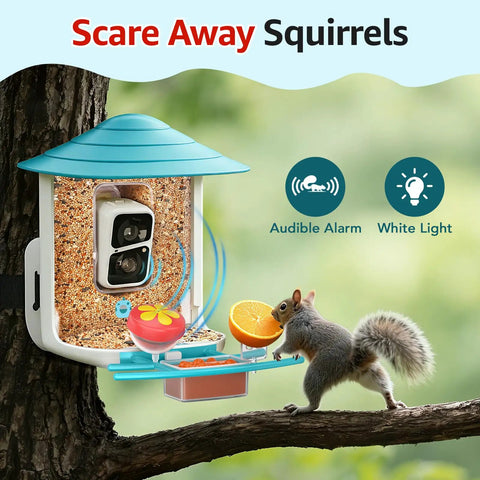 2K HD Bird Feeder Camera With Solar Power And 32GB Card Auto Detect And Notify AI ID 155 Degree Wide View Color Night Vision Wireless Outdoor Backyard Bird Feeder With 2.4G WiFi For Bird Lovers Gift installed on tree, squirrel eating.