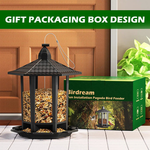 Two Pack Outdoor Hanging Bird Feeders With Retro Pagoda Design shown with packaging beside a wooden door.