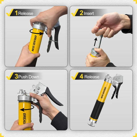 Steps to operate 10,000 PSI Pneumatic Grease Gun Kit With Built Tough Pistol Grip, 14 Oz Capacity visible in four stages.